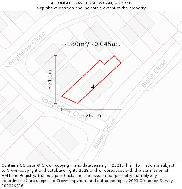 4, LONGFELLOW CLOSE, WIGAN, WN3 5YB: Plot and title map