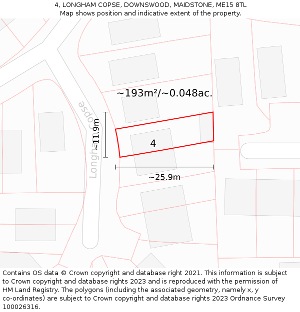 4, LONGHAM COPSE, DOWNSWOOD, MAIDSTONE, ME15 8TL: Plot and title map