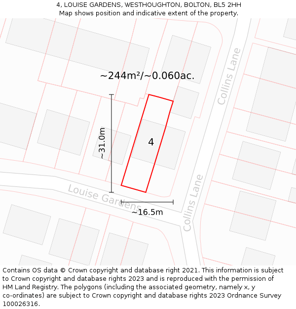 4, LOUISE GARDENS, WESTHOUGHTON, BOLTON, BL5 2HH: Plot and title map