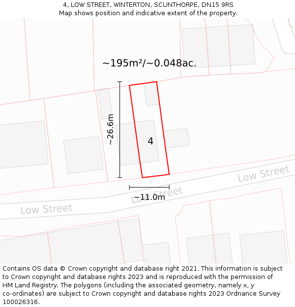 4, LOW STREET, WINTERTON, SCUNTHORPE, DN15 9RS: Plot and title map