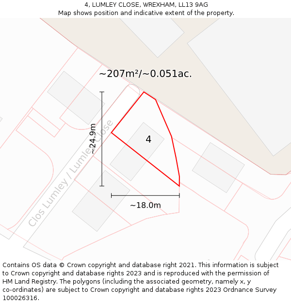 4, LUMLEY CLOSE, WREXHAM, LL13 9AG: Plot and title map