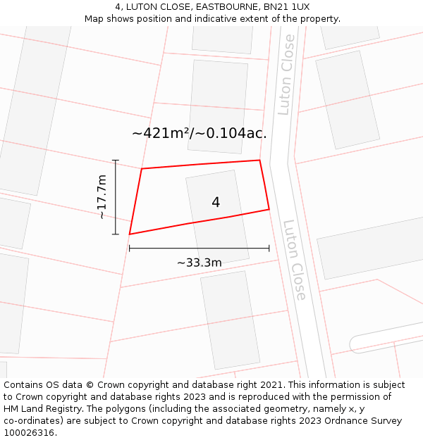 4, LUTON CLOSE, EASTBOURNE, BN21 1UX: Plot and title map