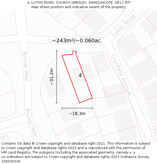 4, LUTON ROAD, CHURCH GRESLEY, SWADLINCOTE, DE11 9TF: Plot and title map