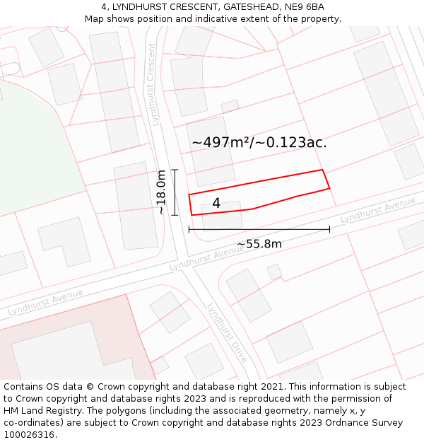 4, LYNDHURST CRESCENT, GATESHEAD, NE9 6BA: Plot and title map
