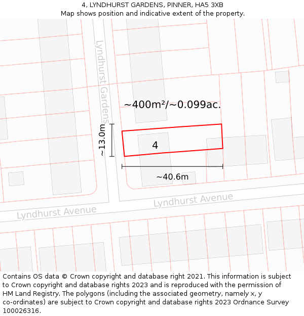 4, LYNDHURST GARDENS, PINNER, HA5 3XB: Plot and title map