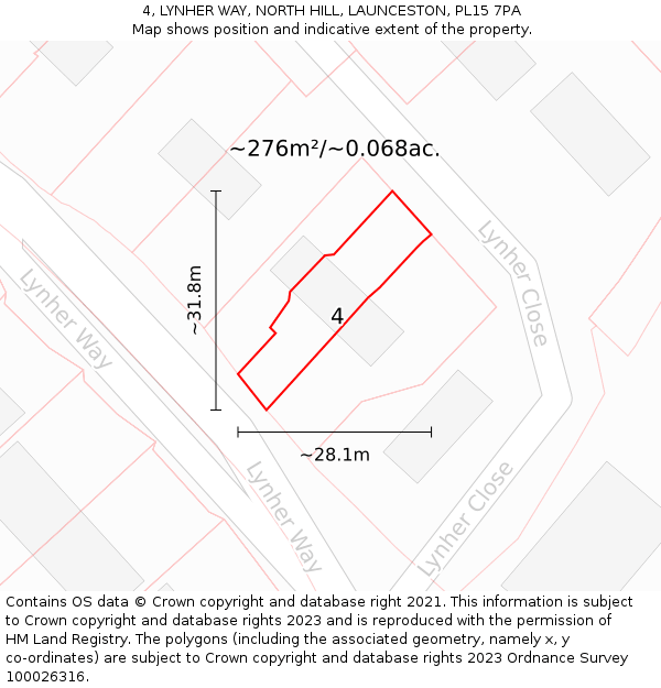 4, LYNHER WAY, NORTH HILL, LAUNCESTON, PL15 7PA: Plot and title map