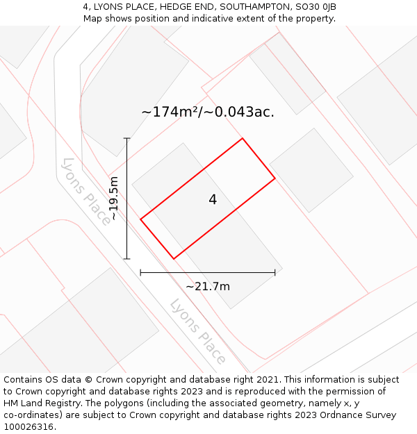 4, LYONS PLACE, HEDGE END, SOUTHAMPTON, SO30 0JB: Plot and title map