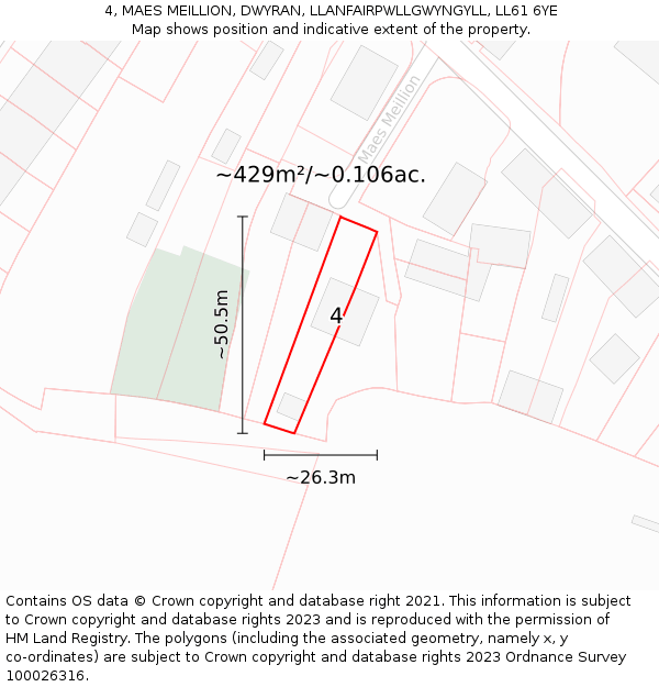 4, MAES MEILLION, DWYRAN, LLANFAIRPWLLGWYNGYLL, LL61 6YE: Plot and title map