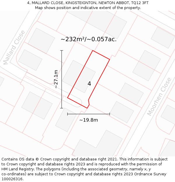 4, MALLARD CLOSE, KINGSTEIGNTON, NEWTON ABBOT, TQ12 3FT: Plot and title map