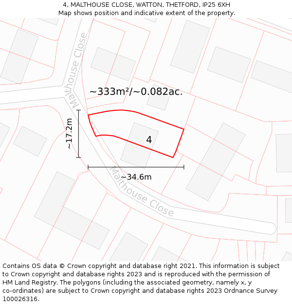4, MALTHOUSE CLOSE, WATTON, THETFORD, IP25 6XH: Plot and title map