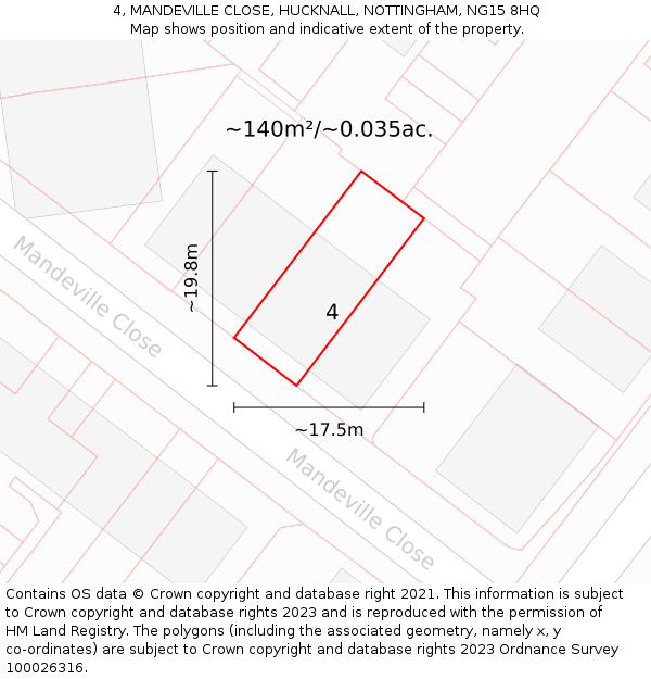 4, MANDEVILLE CLOSE, HUCKNALL, NOTTINGHAM, NG15 8HQ: Plot and title map