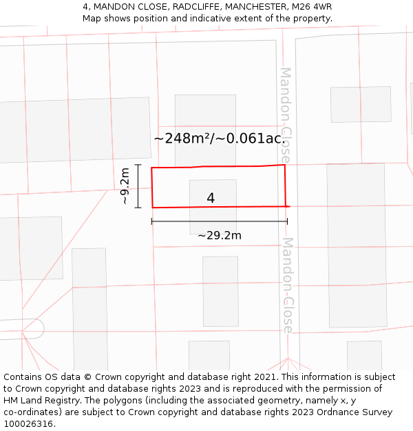 4, MANDON CLOSE, RADCLIFFE, MANCHESTER, M26 4WR: Plot and title map