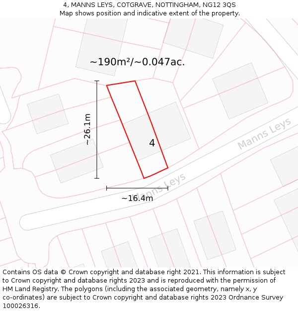 4, MANNS LEYS, COTGRAVE, NOTTINGHAM, NG12 3QS: Plot and title map