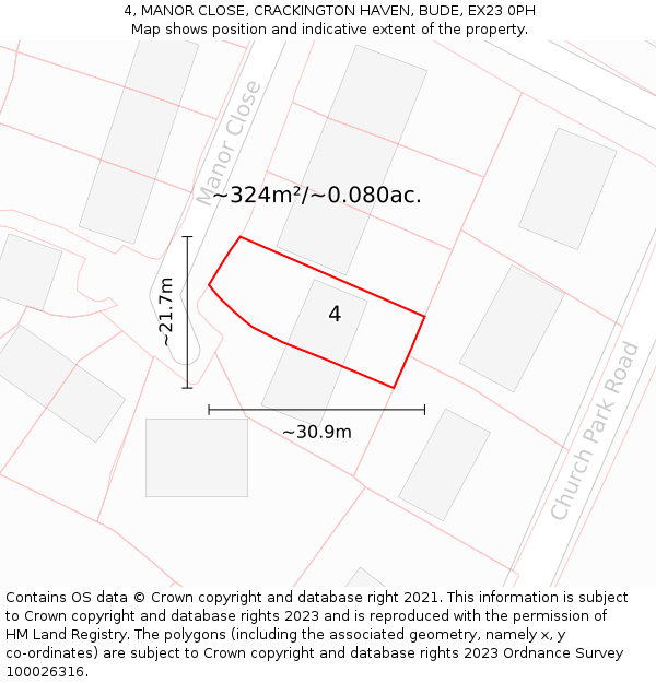 4, MANOR CLOSE, CRACKINGTON HAVEN, BUDE, EX23 0PH: Plot and title map