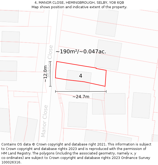 4, MANOR CLOSE, HEMINGBROUGH, SELBY, YO8 6QB: Plot and title map