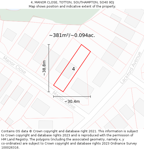 4, MANOR CLOSE, TOTTON, SOUTHAMPTON, SO40 9DJ: Plot and title map