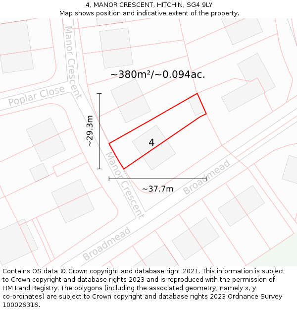 4, MANOR CRESCENT, HITCHIN, SG4 9LY: Plot and title map