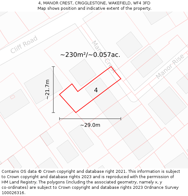 4, MANOR CREST, CRIGGLESTONE, WAKEFIELD, WF4 3FD: Plot and title map