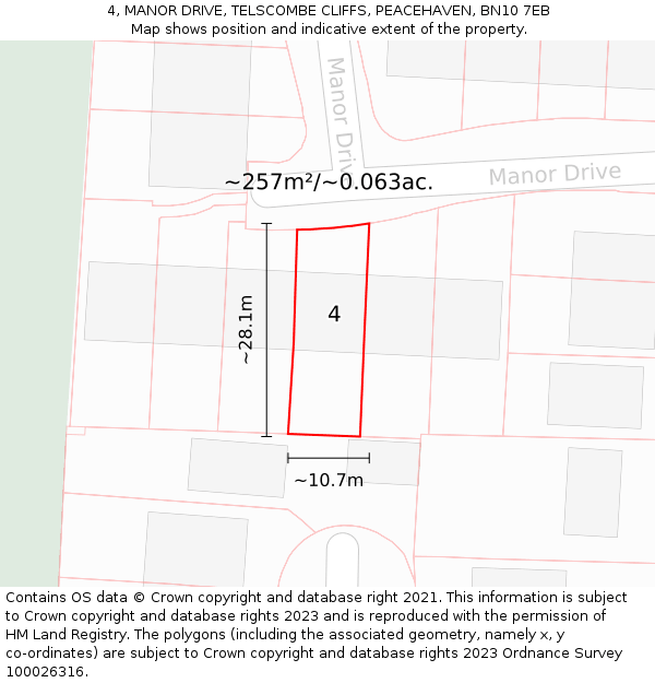 4, MANOR DRIVE, TELSCOMBE CLIFFS, PEACEHAVEN, BN10 7EB: Plot and title map