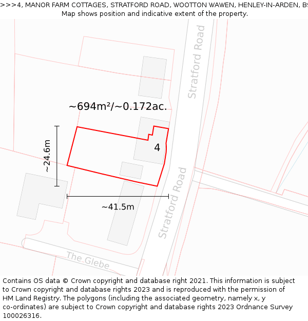 4, MANOR FARM COTTAGES, STRATFORD ROAD, WOOTTON WAWEN, HENLEY-IN-ARDEN, B95 6BD: Plot and title map