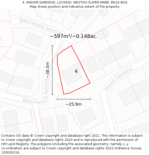 4, MANOR GARDENS, LOCKING, WESTON-SUPER-MARE, BS24 8DQ: Plot and title map