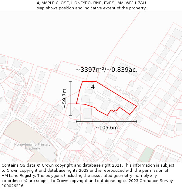 4, MAPLE CLOSE, HONEYBOURNE, EVESHAM, WR11 7AU: Plot and title map