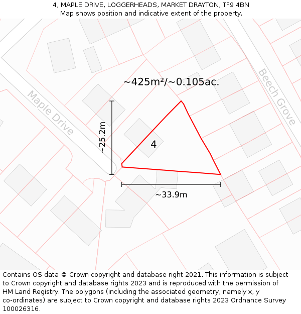 4, MAPLE DRIVE, LOGGERHEADS, MARKET DRAYTON, TF9 4BN: Plot and title map
