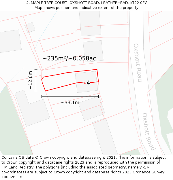 4, MAPLE TREE COURT, OXSHOTT ROAD, LEATHERHEAD, KT22 0EG: Plot and title map