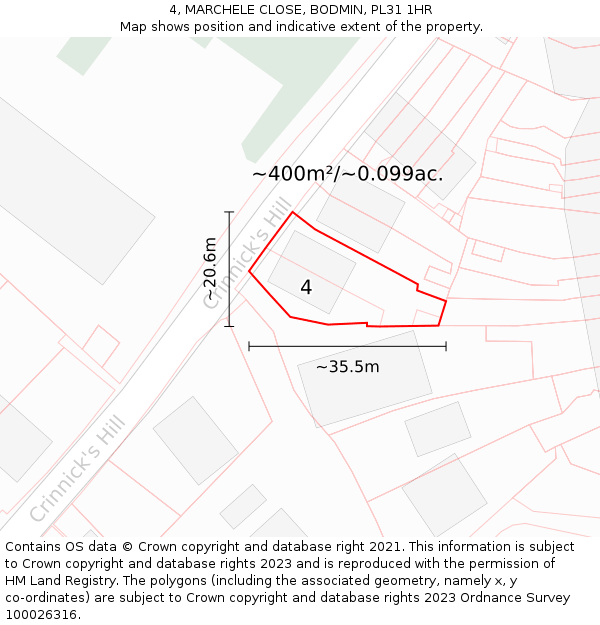 4, MARCHELE CLOSE, BODMIN, PL31 1HR: Plot and title map