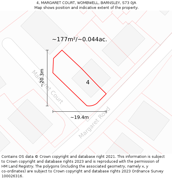 4, MARGARET COURT, WOMBWELL, BARNSLEY, S73 0JA: Plot and title map