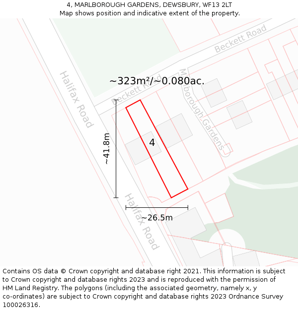 4, MARLBOROUGH GARDENS, DEWSBURY, WF13 2LT: Plot and title map