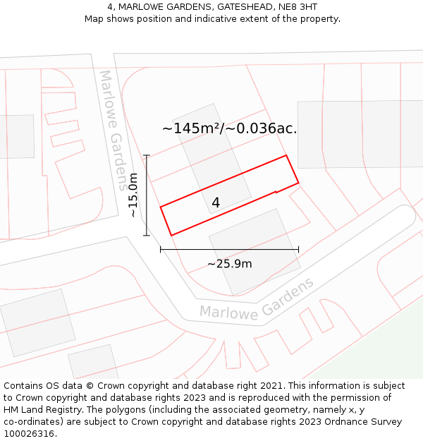 4, MARLOWE GARDENS, GATESHEAD, NE8 3HT: Plot and title map