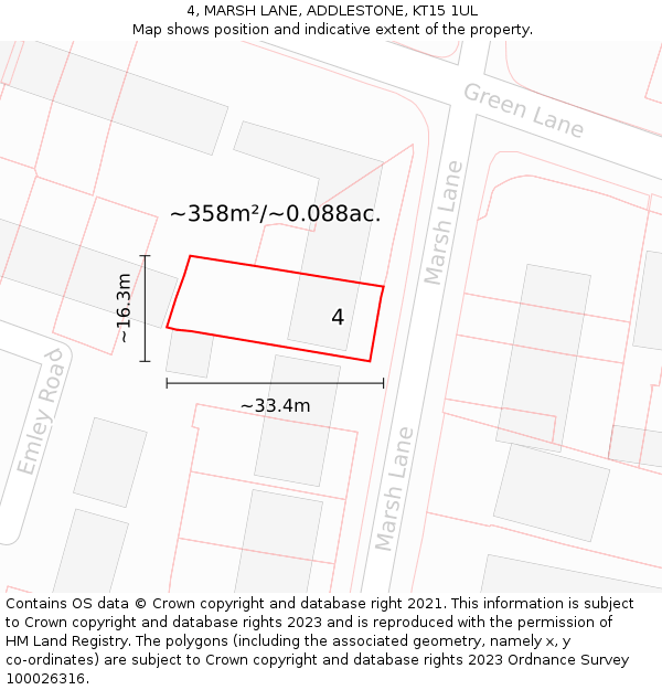 4, MARSH LANE, ADDLESTONE, KT15 1UL: Plot and title map