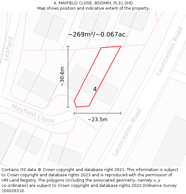 4, MAYFIELD CLOSE, BODMIN, PL31 2HD: Plot and title map