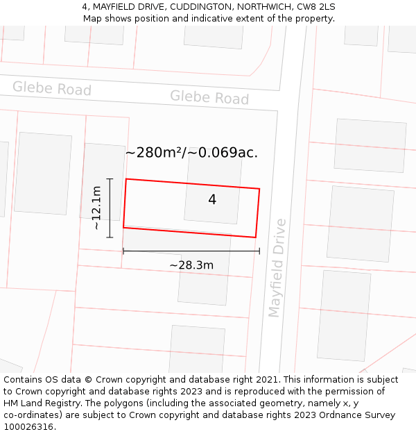 4, MAYFIELD DRIVE, CUDDINGTON, NORTHWICH, CW8 2LS: Plot and title map