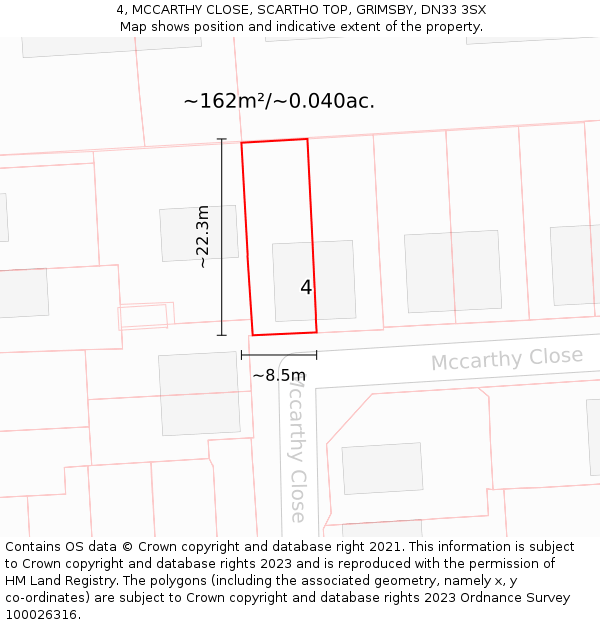 4, MCCARTHY CLOSE, SCARTHO TOP, GRIMSBY, DN33 3SX: Plot and title map