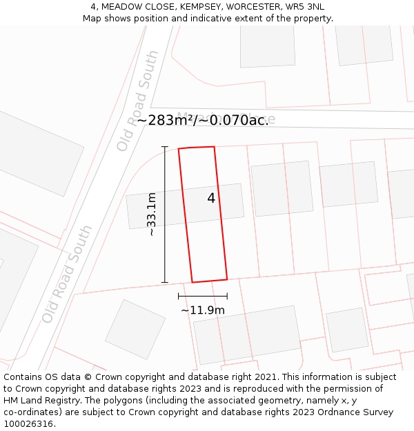 4, MEADOW CLOSE, KEMPSEY, WORCESTER, WR5 3NL: Plot and title map