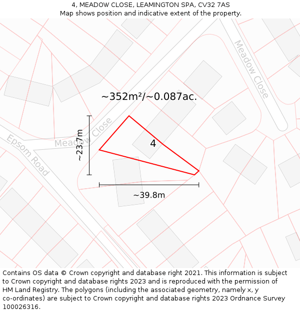 4, MEADOW CLOSE, LEAMINGTON SPA, CV32 7AS: Plot and title map