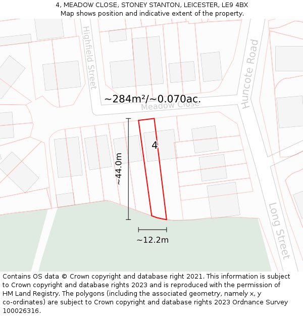 4, MEADOW CLOSE, STONEY STANTON, LEICESTER, LE9 4BX: Plot and title map