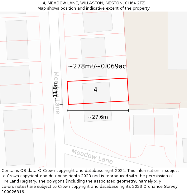 4, MEADOW LANE, WILLASTON, NESTON, CH64 2TZ: Plot and title map