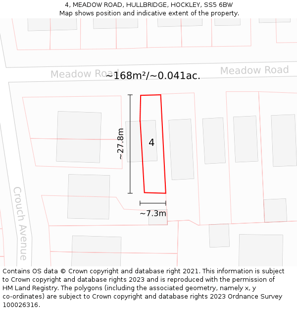 4, MEADOW ROAD, HULLBRIDGE, HOCKLEY, SS5 6BW: Plot and title map