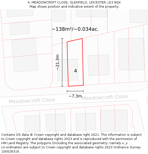 4, MEADOWCROFT CLOSE, GLENFIELD, LEICESTER, LE3 8QX: Plot and title map