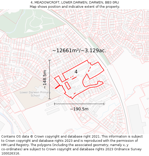 4, MEADOWCROFT, LOWER DARWEN, DARWEN, BB3 0RU: Plot and title map