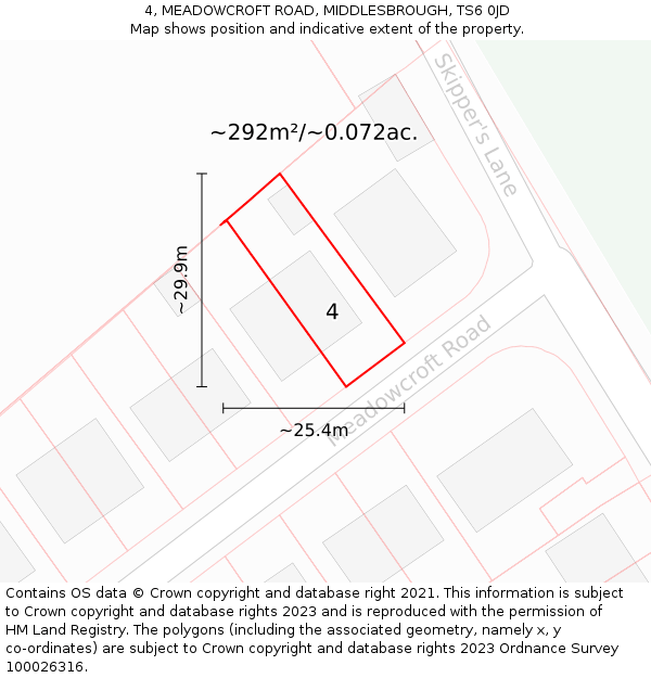 4, MEADOWCROFT ROAD, MIDDLESBROUGH, TS6 0JD: Plot and title map