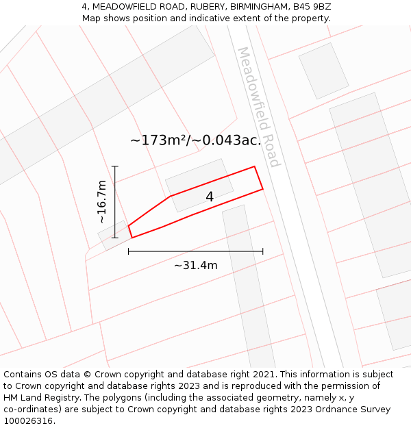 4, MEADOWFIELD ROAD, RUBERY, BIRMINGHAM, B45 9BZ: Plot and title map
