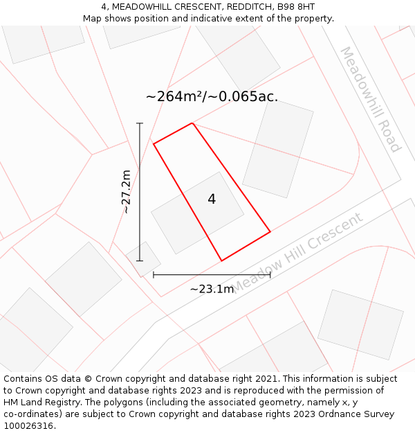 4, MEADOWHILL CRESCENT, REDDITCH, B98 8HT: Plot and title map