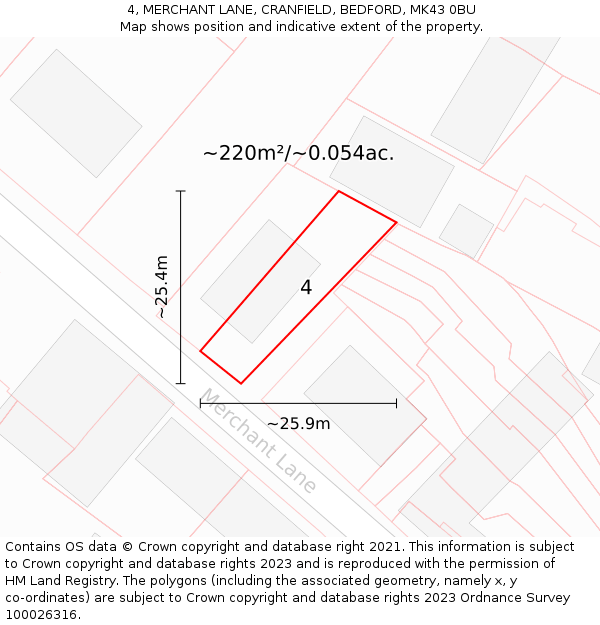 4, MERCHANT LANE, CRANFIELD, BEDFORD, MK43 0BU: Plot and title map