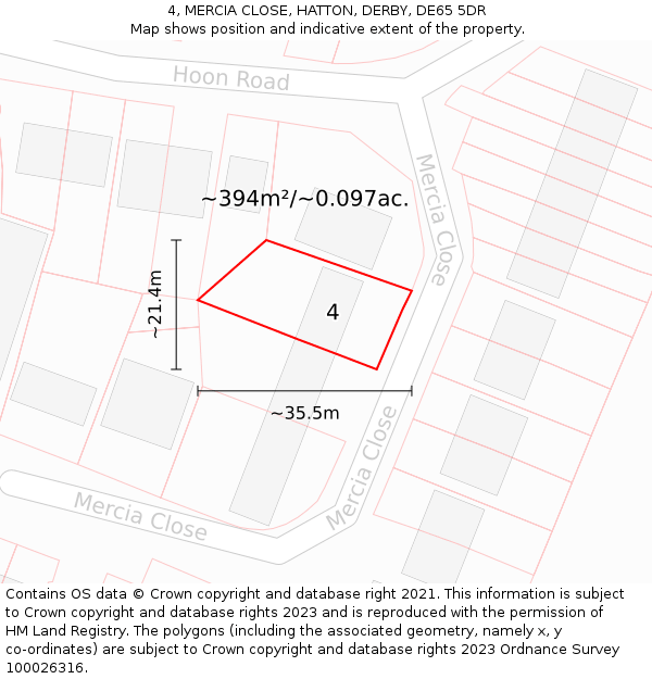 4, MERCIA CLOSE, HATTON, DERBY, DE65 5DR: Plot and title map