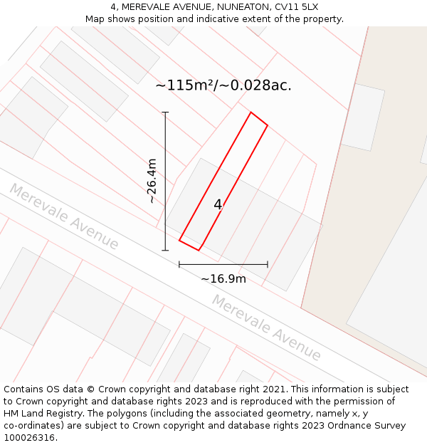 4, MEREVALE AVENUE, NUNEATON, CV11 5LX: Plot and title map