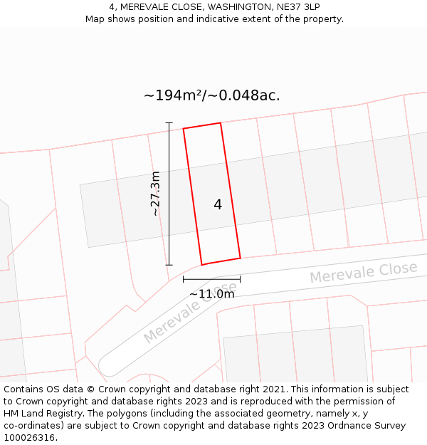 4, MEREVALE CLOSE, WASHINGTON, NE37 3LP: Plot and title map